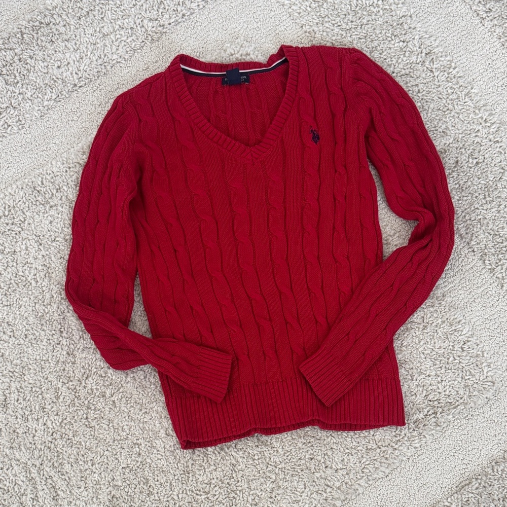 U.S. Polo Assn. Women's Red Cable Knit V-Neck Sweater